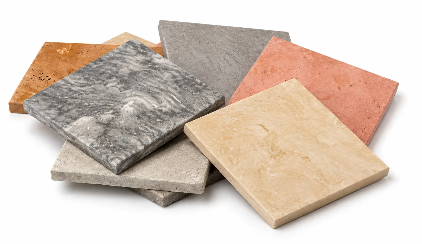 Rumett cast samples in several finishes, stacked on a white surface