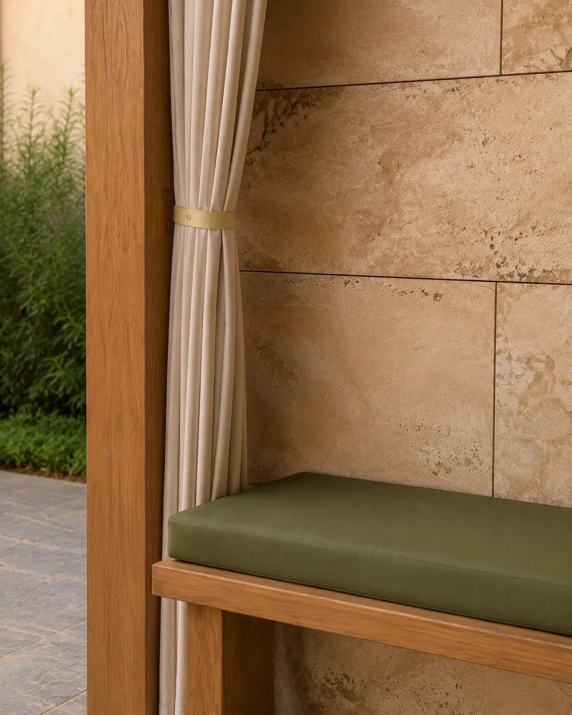 Rumett panels behind a timber bench with a green cushion, showing the surface and joints up close