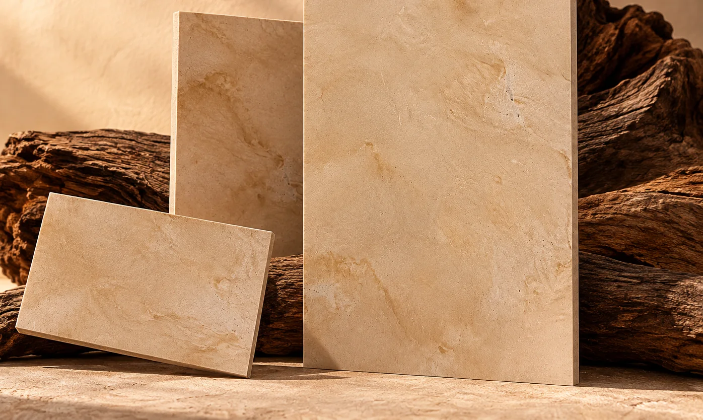 Three Rumett cast mineral panels in a warm sand tone, standing against weathered wood