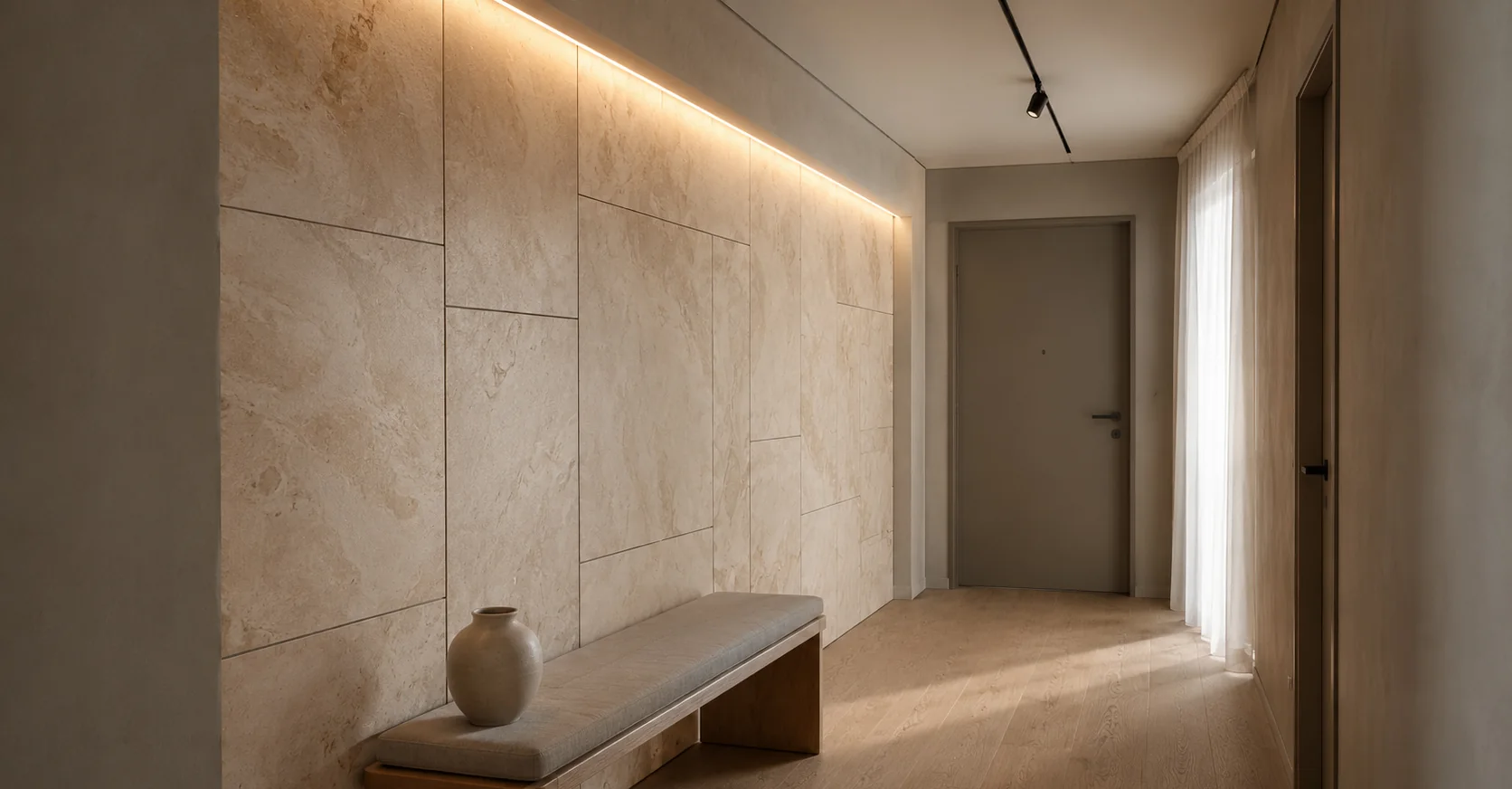 An entrance hall with a wall of pale Rumett panels and a timber bench