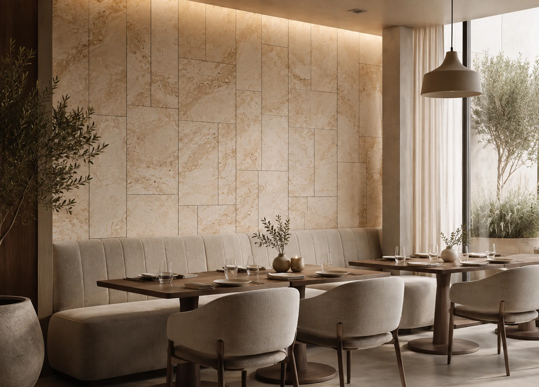 A restaurant banquette in front of a wall of Rumett panels in a warm travertine tone