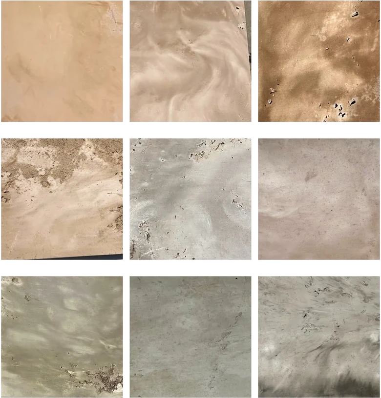 A grid of physical Rumett samples cast in the workshop