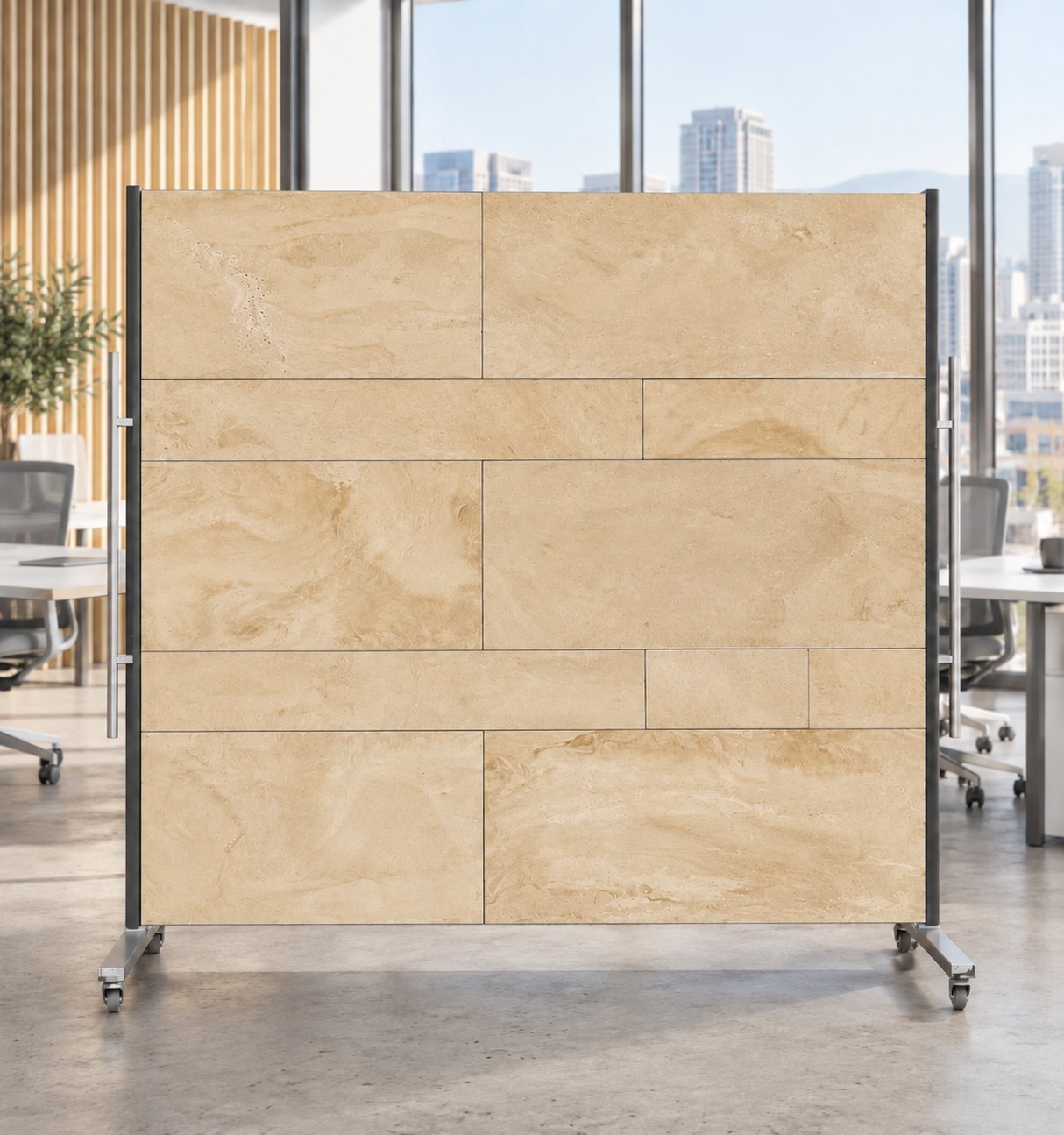 Vela movable room divider on castors in a warm stone finish, shown dividing an open-plan office