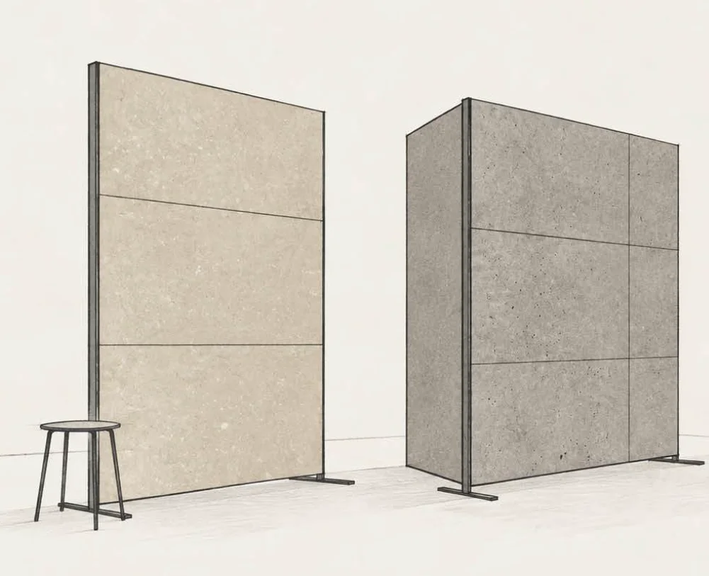 Illustration of two freestanding demountable walls in pale and grey cast mineral panels on slim steel frames, beside a stool