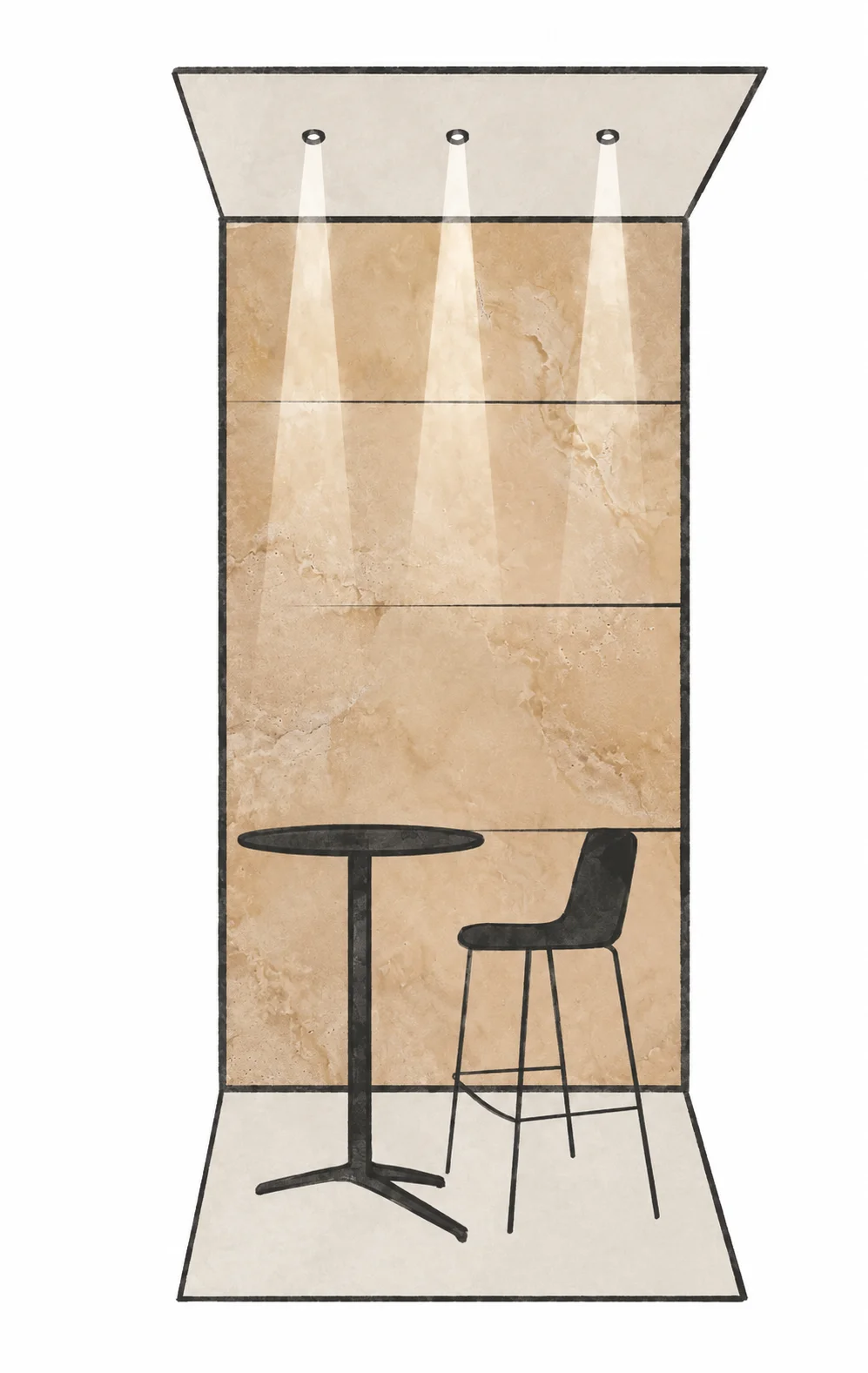 Illustration of an exhibition stand lined with warm cast mineral panels under three spotlights, with a bar table and stool